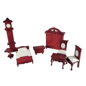 Miniature Cherry Mahogany Red Wooden Dollhouse Bedroom Furniture Set Vintage